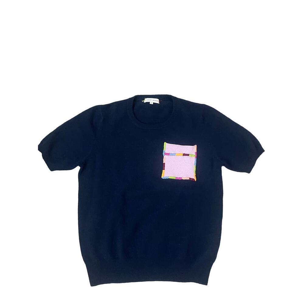 Lingua Franca Cashmere Navy Top with Multicolored Pocket - Large
